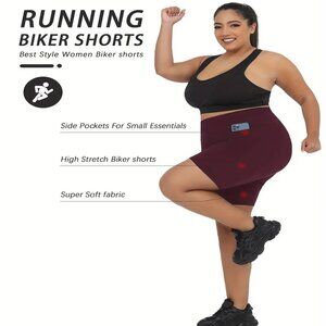 Women Buttery 1X-3X High Waisted Yoga Bike shorts w/pockets 6" Inseam Burgundy